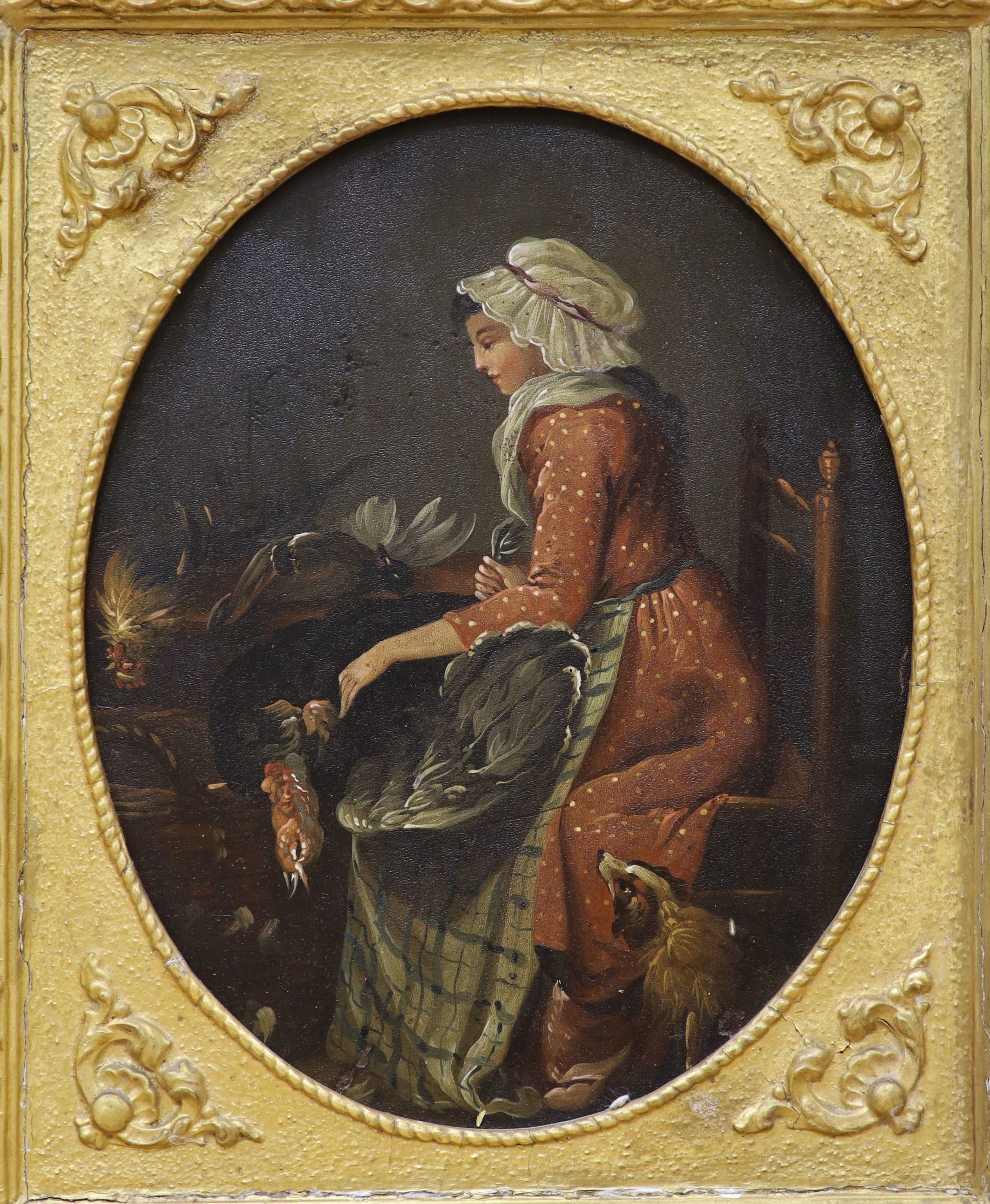 After Angelica Kauffman, oil on zinc panel, Maid plucking a turkey, label verso, 24 x 19cm